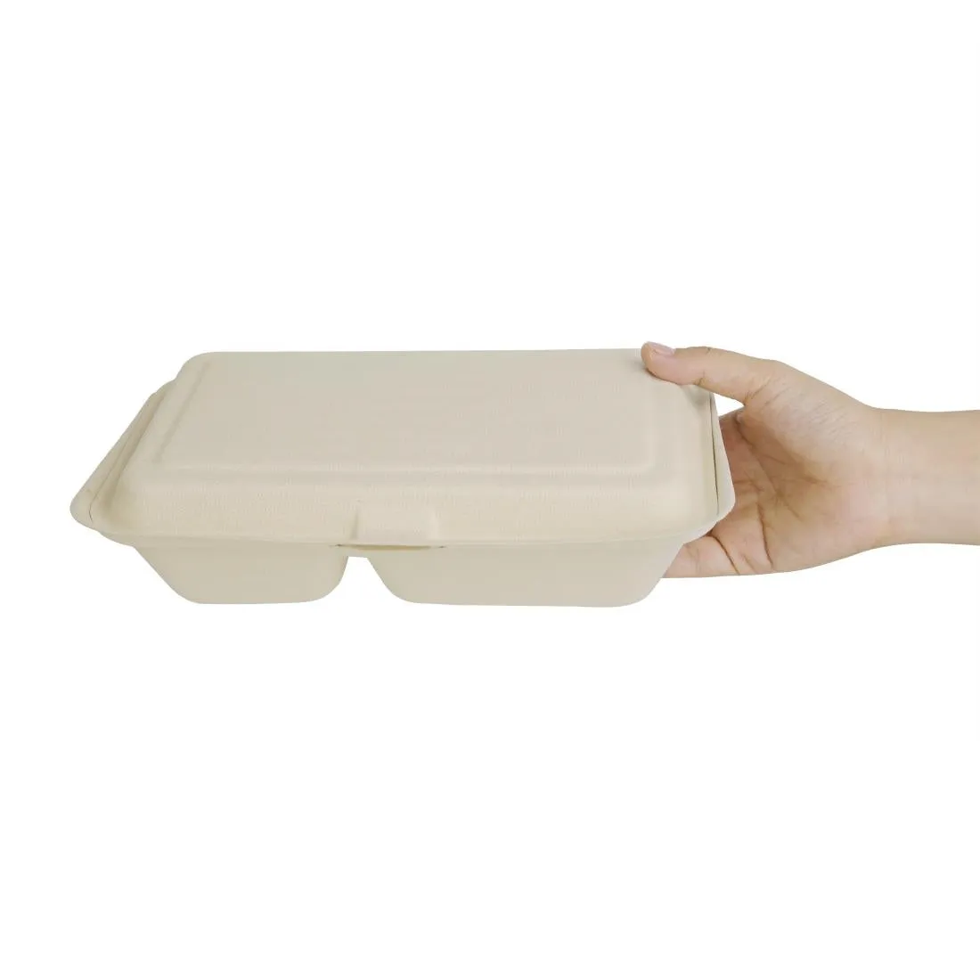 FC541 Fiesta Green Compostable Bagasse Two-Compartment Hinged Food Containers Natural Colour 253mm x200