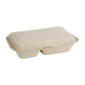 FC541 Fiesta Green Compostable Bagasse Two-Compartment Hinged Food Containers Natural Colour 253mm x200