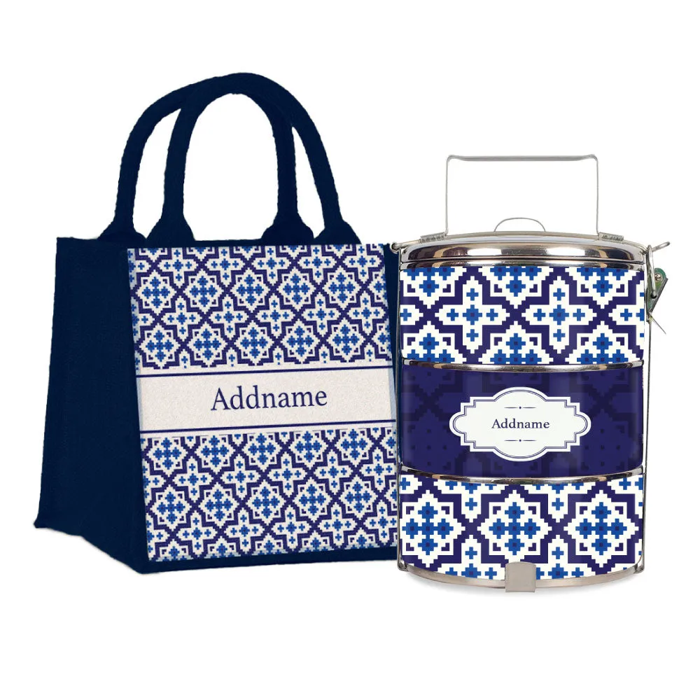 Flora Motif Moroccan & Mosaic Series 3-Tier Standard Medium 14cm Tiffin Carrier [FREE Custom Add Name]