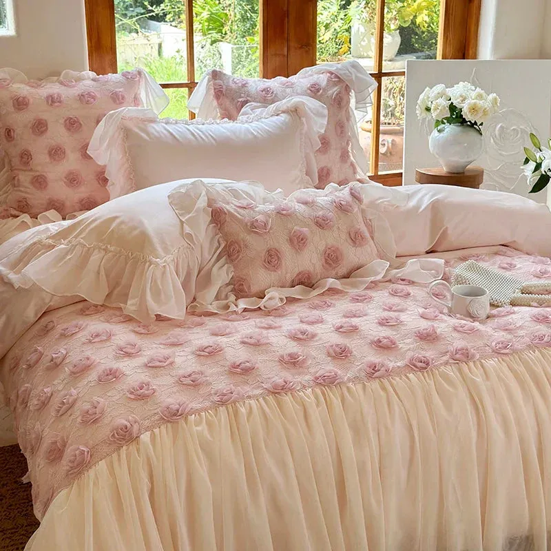 Flytonn-4Pcs Pink Rose Flowers Lace Ruffles Princess Wedding Bedding Set 1400TC Egyptian Cotton Duvet Coves Set Bed Sheet Pillowcases