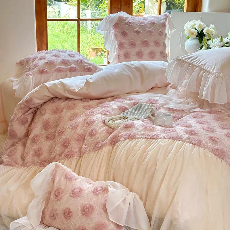 Flytonn-4Pcs Pink Rose Flowers Lace Ruffles Princess Wedding Bedding Set 1400TC Egyptian Cotton Duvet Coves Set Bed Sheet Pillowcases