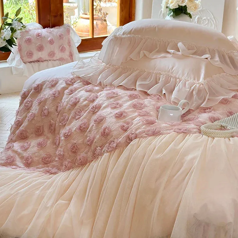 Flytonn-4Pcs Pink Rose Flowers Lace Ruffles Princess Wedding Bedding Set 1400TC Egyptian Cotton Duvet Coves Set Bed Sheet Pillowcases