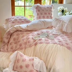 Flytonn-4Pcs Pink Rose Flowers Lace Ruffles Princess Wedding Bedding Set 1400TC Egyptian Cotton Duvet Coves Set Bed Sheet Pillowcases