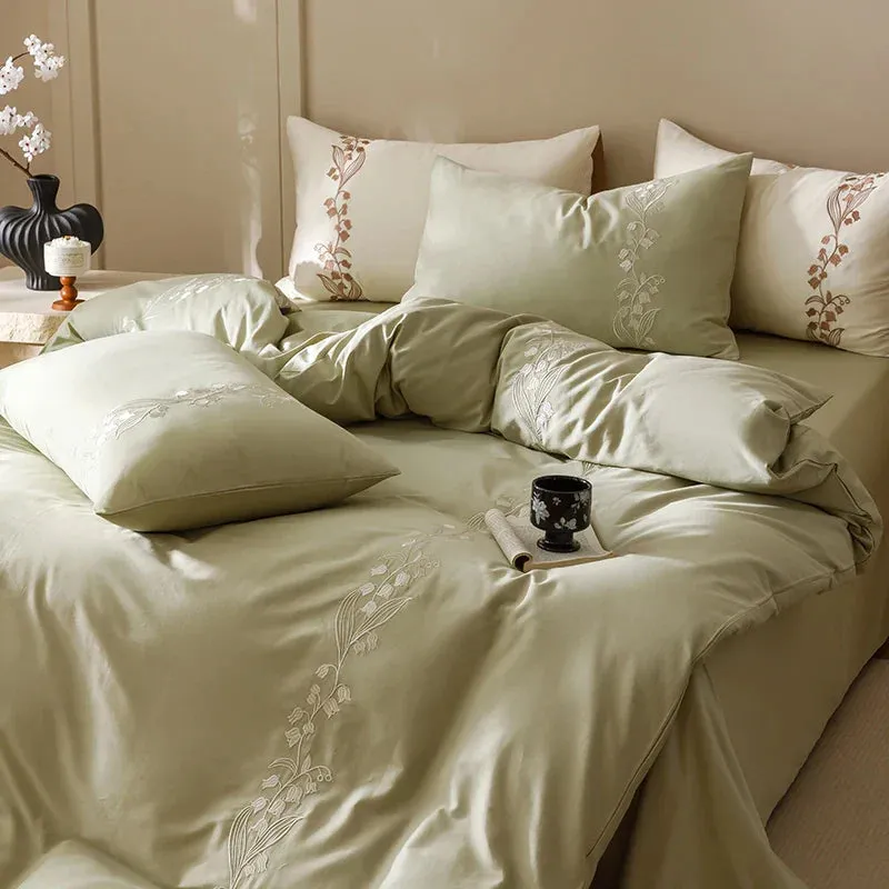 Flytonn-80S Long Staple Cotton Chic lily of the valley Embroidery Brown Bedding Set Duvet Cover Set Flat/Fitted Bed Sheet Pillowcases