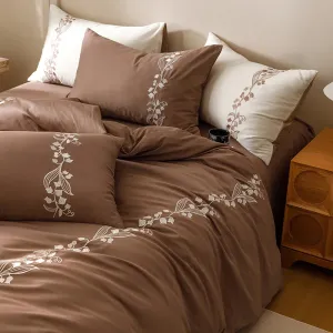 Flytonn-80S Long Staple Cotton Chic lily of the valley Embroidery Brown Bedding Set Duvet Cover Set Flat/Fitted Bed Sheet Pillowcases