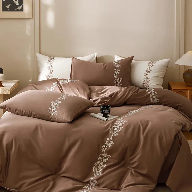 Flytonn-80S Long Staple Cotton Chic lily of the valley Embroidery Brown Bedding Set Duvet Cover Set Flat/Fitted Bed Sheet Pillowcases