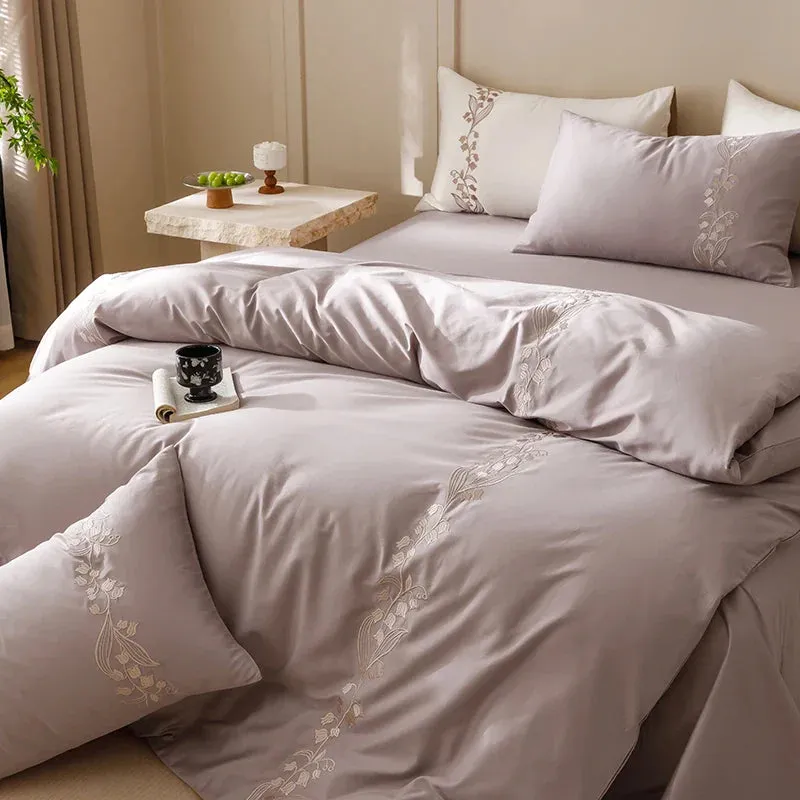 Flytonn-80S Long Staple Cotton Chic lily of the valley Embroidery Brown Bedding Set Duvet Cover Set Flat/Fitted Bed Sheet Pillowcases