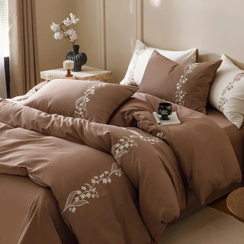 Flytonn-80S Long Staple Cotton Chic lily of the valley Embroidery Brown Bedding Set Duvet Cover Set Flat/Fitted Bed Sheet Pillowcases