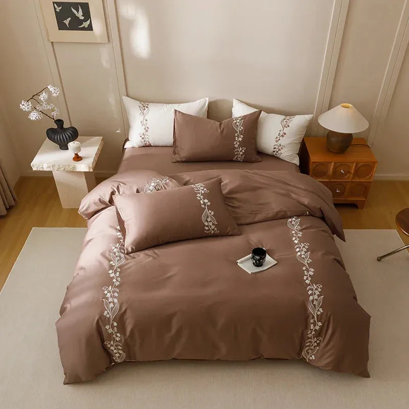 Flytonn-80S Long Staple Cotton Chic lily of the valley Embroidery Brown Bedding Set Duvet Cover Set Flat/Fitted Bed Sheet Pillowcases