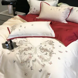 Flytonn-Butterfly Flowers Embroidery Luxury Wedding Bedding Set 1000TC Egyptian Cotton Duvet Cover Bed Sheet Pillowcases Home Textile