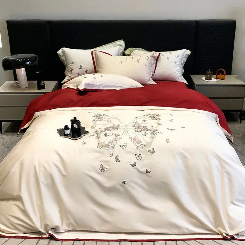 Flytonn-Butterfly Flowers Embroidery Luxury Wedding Bedding Set 1000TC Egyptian Cotton Duvet Cover Bed Sheet Pillowcases Home Textile