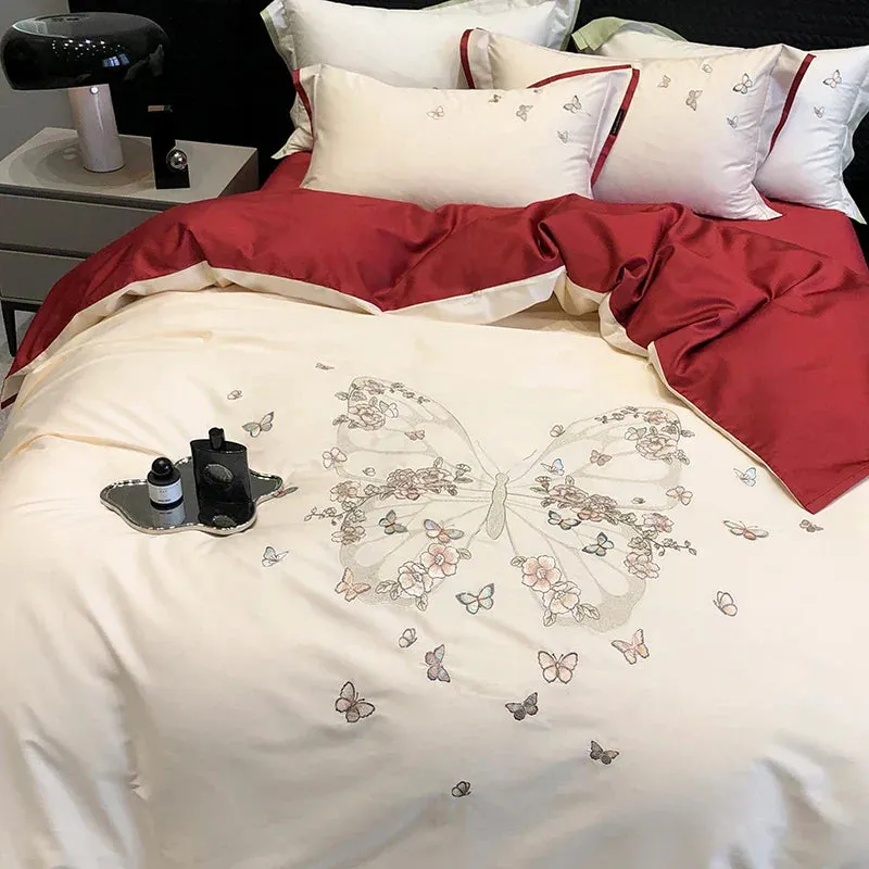 Flytonn-Butterfly Flowers Embroidery Luxury Wedding Bedding Set 1000TC Egyptian Cotton Duvet Cover Bed Sheet Pillowcases Home Textile