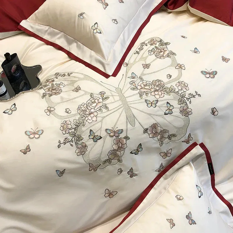 Flytonn-Butterfly Flowers Embroidery Luxury Wedding Bedding Set 1000TC Egyptian Cotton Duvet Cover Bed Sheet Pillowcases Home Textile