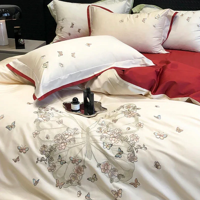 Flytonn-Butterfly Flowers Embroidery Luxury Wedding Bedding Set 1000TC Egyptian Cotton Duvet Cover Bed Sheet Pillowcases Home Textile