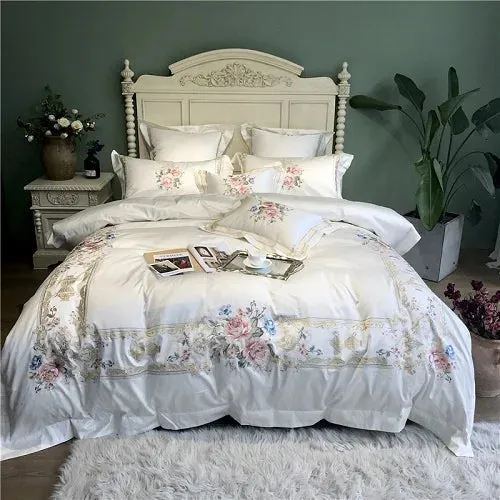 Flytonn-Egyptian Cotton Palace Bedding Set, Duvet Cover, Bed Sheet, Pillowcases, Luxury Flowers Embroidery, White, 100S, 4Pcs, 7Pcs