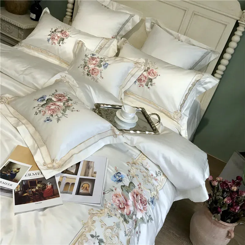 Flytonn-Egyptian Cotton Palace Bedding Set, Duvet Cover, Bed Sheet, Pillowcases, Luxury Flowers Embroidery, White, 100S, 4Pcs, 7Pcs