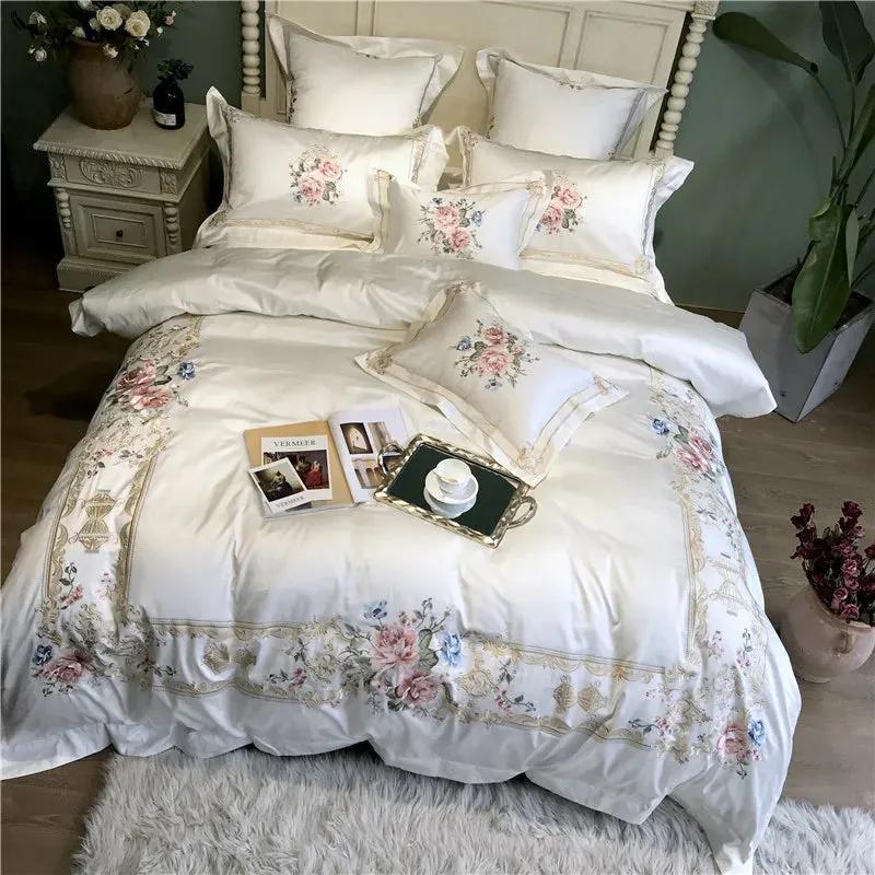 Flytonn-Egyptian Cotton Palace Bedding Set, Duvet Cover, Bed Sheet, Pillowcases, Luxury Flowers Embroidery, White, 100S, 4Pcs, 7Pcs