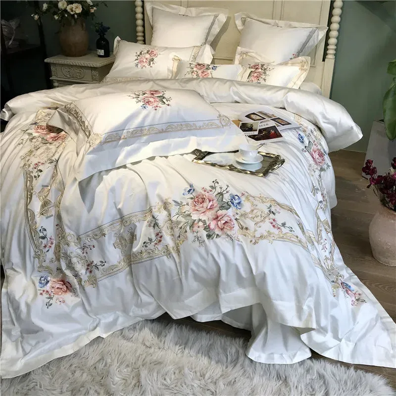 Flytonn-Egyptian Cotton Palace Bedding Set, Duvet Cover, Bed Sheet, Pillowcases, Luxury Flowers Embroidery, White, 100S, 4Pcs, 7Pcs