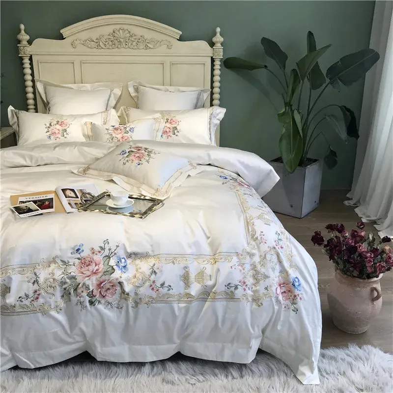 Flytonn-Egyptian Cotton Palace Bedding Set, Duvet Cover, Bed Sheet, Pillowcases, Luxury Flowers Embroidery, White, 100S, 4Pcs, 7Pcs