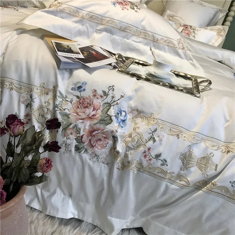 Flytonn-Egyptian Cotton Palace Bedding Set, Duvet Cover, Bed Sheet, Pillowcases, Luxury Flowers Embroidery, White, 100S, 4Pcs, 7Pcs