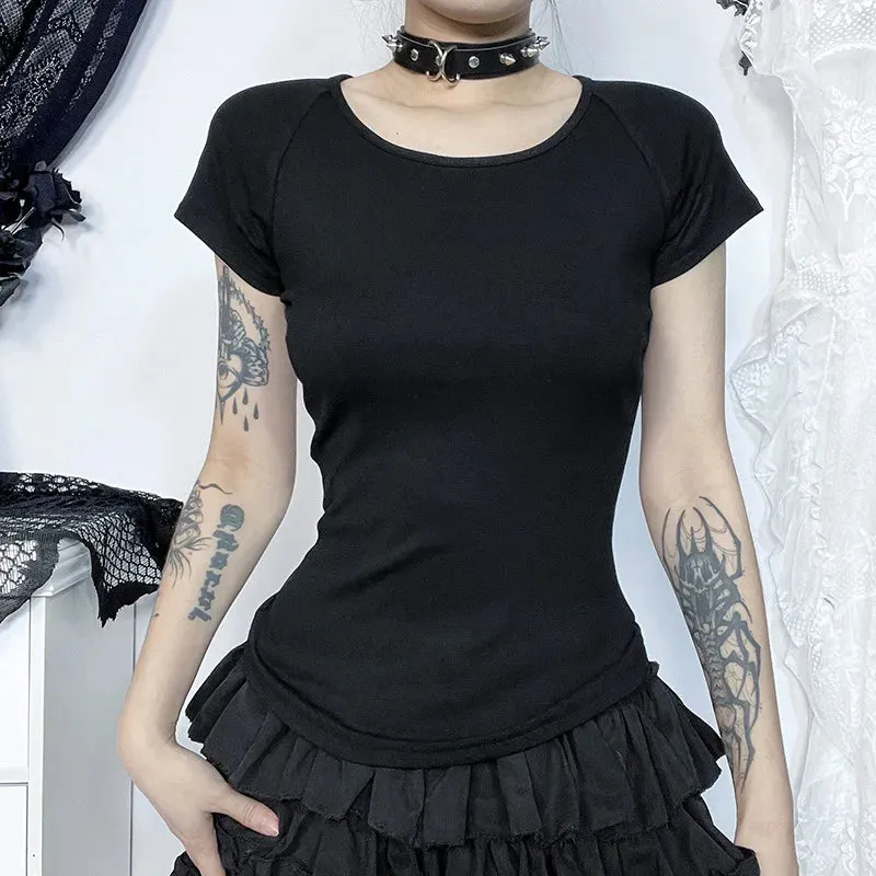 Flytonn-Halloween Outfits Halloween Gifts Gothic Style Spider Web Lace Mesh T-Shirts Y2K Vintage Sexy See Through Black Velvet Buttons Short Sleeves Crop Tops Women Summer Tees