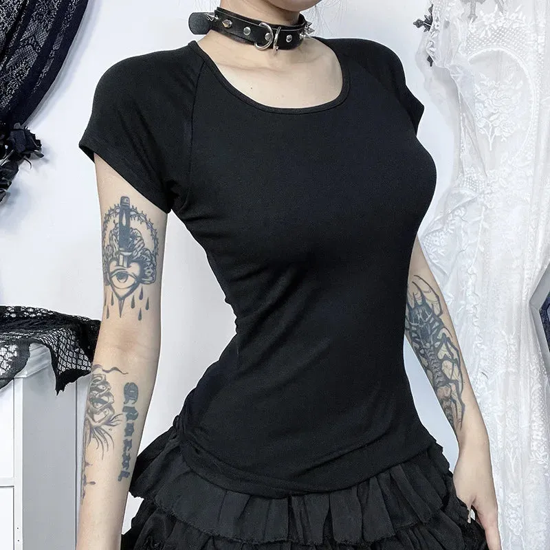 Flytonn-Halloween Outfits Halloween Gifts Gothic Style Spider Web Lace Mesh T-Shirts Y2K Vintage Sexy See Through Black Velvet Buttons Short Sleeves Crop Tops Women Summer Tees