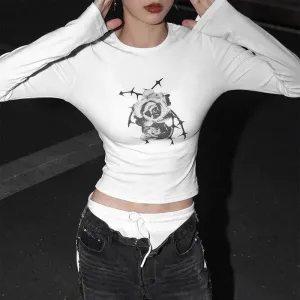 Flytonn-Halloween Outfits Halloween Gifts Gothic Style Vintage  T Shirts Women Harajuku Fashion Goth Grunge Graphic Crop Tops Trashy Y2k Coquette Long Sleeve Tees