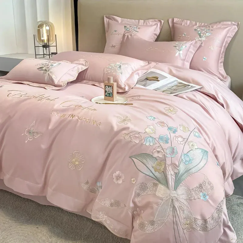 Flytonn-Luxury 100% Egyptian Cotton Chic Flowers Embroidery Princess Bedding Set 100% Cotton Duvet Cover Set Bed Sheet Set Pillowcases