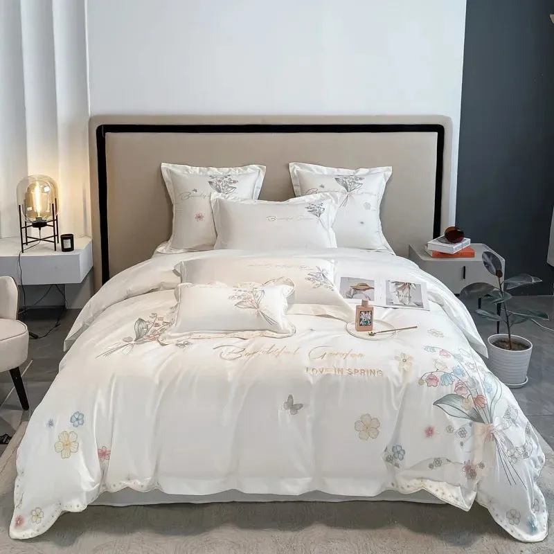 Flytonn-Luxury 100% Egyptian Cotton Chic Flowers Embroidery Princess Bedding Set 100% Cotton Duvet Cover Set Bed Sheet Set Pillowcases