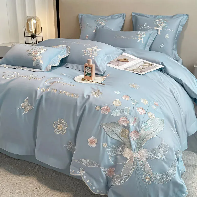 Flytonn-Luxury 100% Egyptian Cotton Chic Flowers Embroidery Princess Bedding Set 100% Cotton Duvet Cover Set Bed Sheet Set Pillowcases