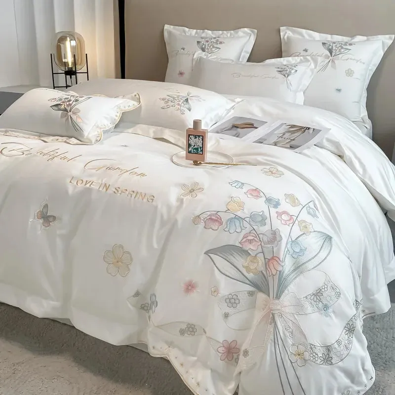 Flytonn-Luxury 100% Egyptian Cotton Chic Flowers Embroidery Princess Bedding Set 100% Cotton Duvet Cover Set Bed Sheet Set Pillowcases