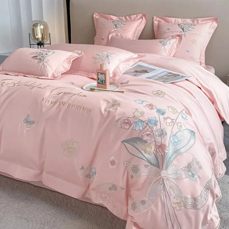 Flytonn-Luxury 100% Egyptian Cotton Chic Flowers Embroidery Princess Bedding Set 100% Cotton Duvet Cover Set Bed Sheet Set Pillowcases