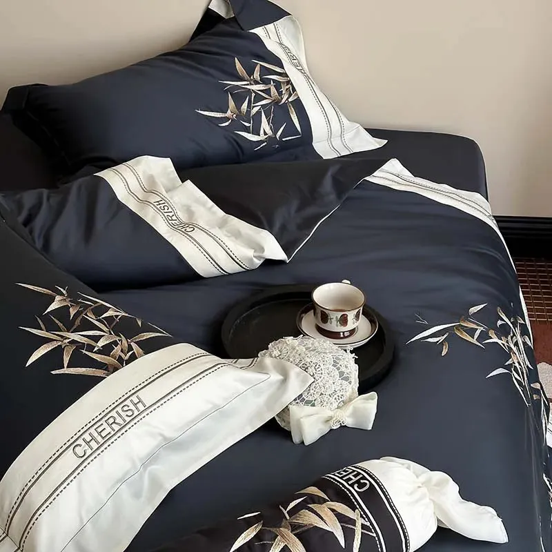 Flytonn-Luxury Dark Blue Chinese Style Bamboo Embroidery 1000TC Egyptian Cotton Bedding Set Duvet Cover Set Bed Sheet Pillowcases 4Pcs