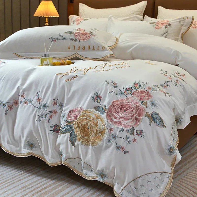 Flytonn-Peony Flower Embroidery Bedding Set 100S Egyptian Cotton Duvet Cover Set Bed Sheet Or  With Rubber Band Fitted Sheet Pillowcases