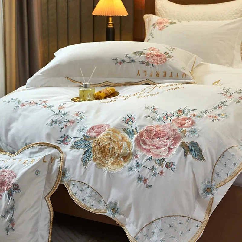 Flytonn-Peony Flower Embroidery Bedding Set 100S Egyptian Cotton Duvet Cover Set Bed Sheet Or  With Rubber Band Fitted Sheet Pillowcases