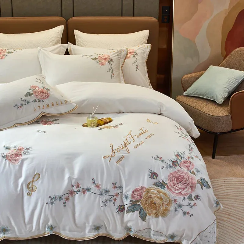 Flytonn-Peony Flower Embroidery Bedding Set 100S Egyptian Cotton Duvet Cover Set Bed Sheet Or  With Rubber Band Fitted Sheet Pillowcases