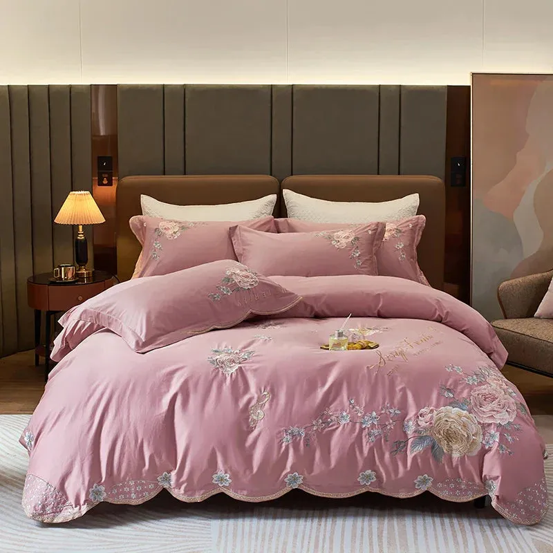 Flytonn-Peony Flower Embroidery Bedding Set 100S Egyptian Cotton Duvet Cover Set Bed Sheet Or  With Rubber Band Fitted Sheet Pillowcases