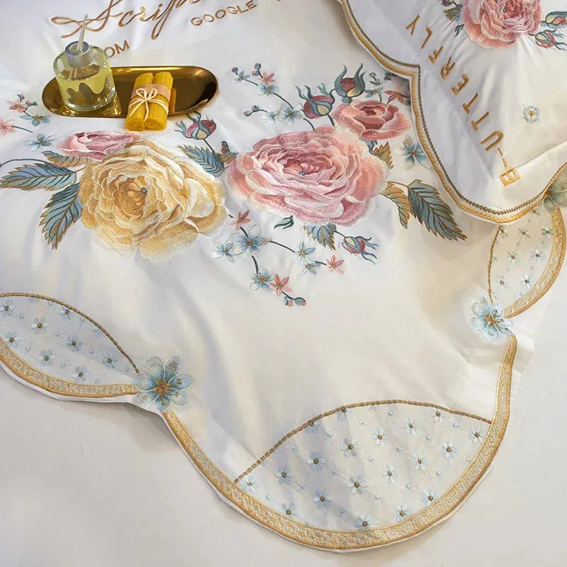 Flytonn-Peony Flower Embroidery Bedding Set 100S Egyptian Cotton Duvet Cover Set Bed Sheet Or  With Rubber Band Fitted Sheet Pillowcases