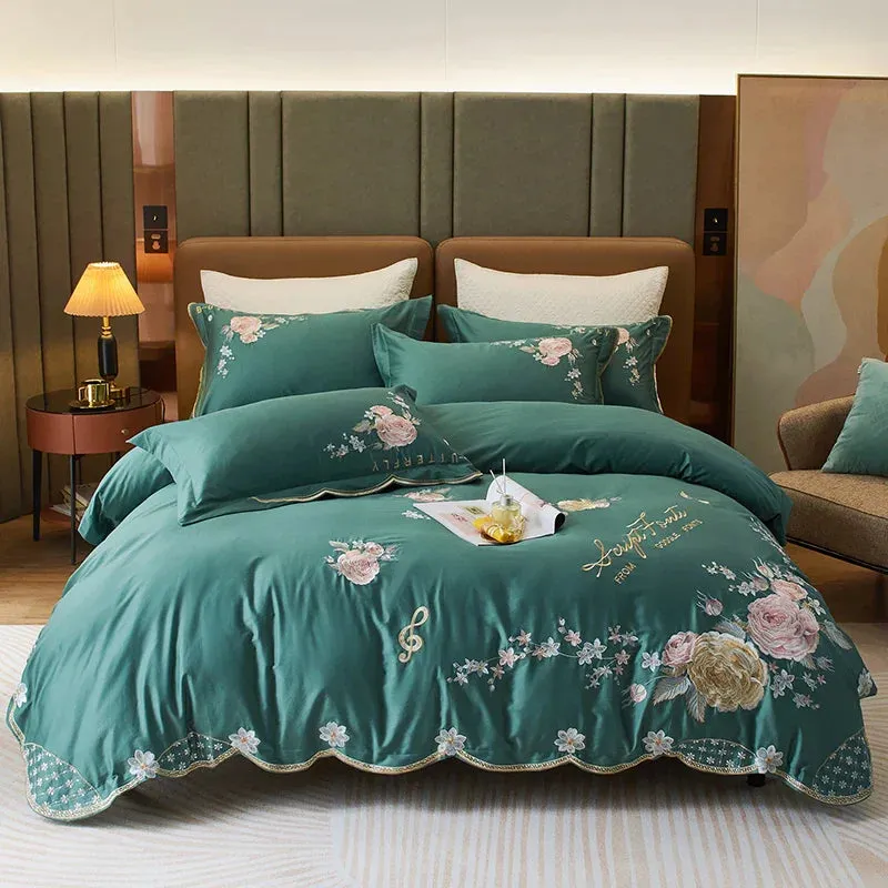 Flytonn-Peony Flower Embroidery Bedding Set 100S Egyptian Cotton Duvet Cover Set Bed Sheet Or  With Rubber Band Fitted Sheet Pillowcases