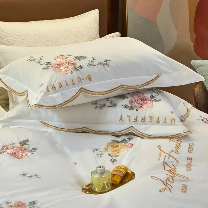 Flytonn-Peony Flower Embroidery Bedding Set 100S Egyptian Cotton Duvet Cover Set Bed Sheet Or  With Rubber Band Fitted Sheet Pillowcases