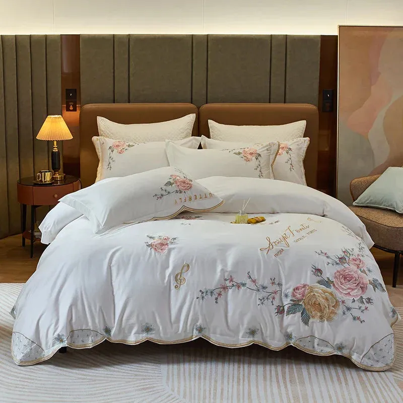 Flytonn-Peony Flower Embroidery Bedding Set 100S Egyptian Cotton Duvet Cover Set Bed Sheet Or  With Rubber Band Fitted Sheet Pillowcases