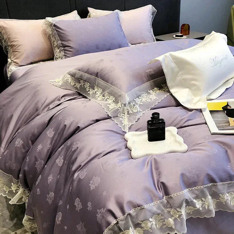 Flytonn-Pink Purple Luxury Embroidery Bedding Set 1000TC Egyptian Cotton Rose Jacquard Lace Edge Duvet Cover Set Bed Sheet Pillowcases