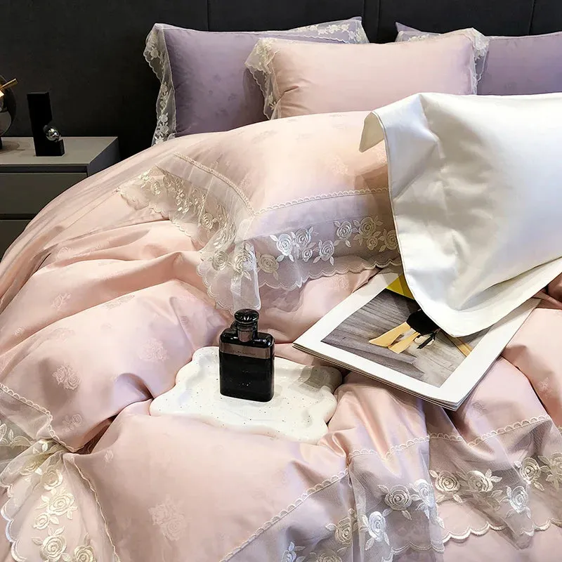 Flytonn-Pink Purple Luxury Embroidery Bedding Set 1000TC Egyptian Cotton Rose Jacquard Lace Edge Duvet Cover Set Bed Sheet Pillowcases