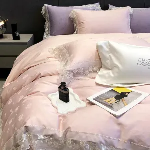 Flytonn-Pink Purple Luxury Embroidery Bedding Set 1000TC Egyptian Cotton Rose Jacquard Lace Edge Duvet Cover Set Bed Sheet Pillowcases