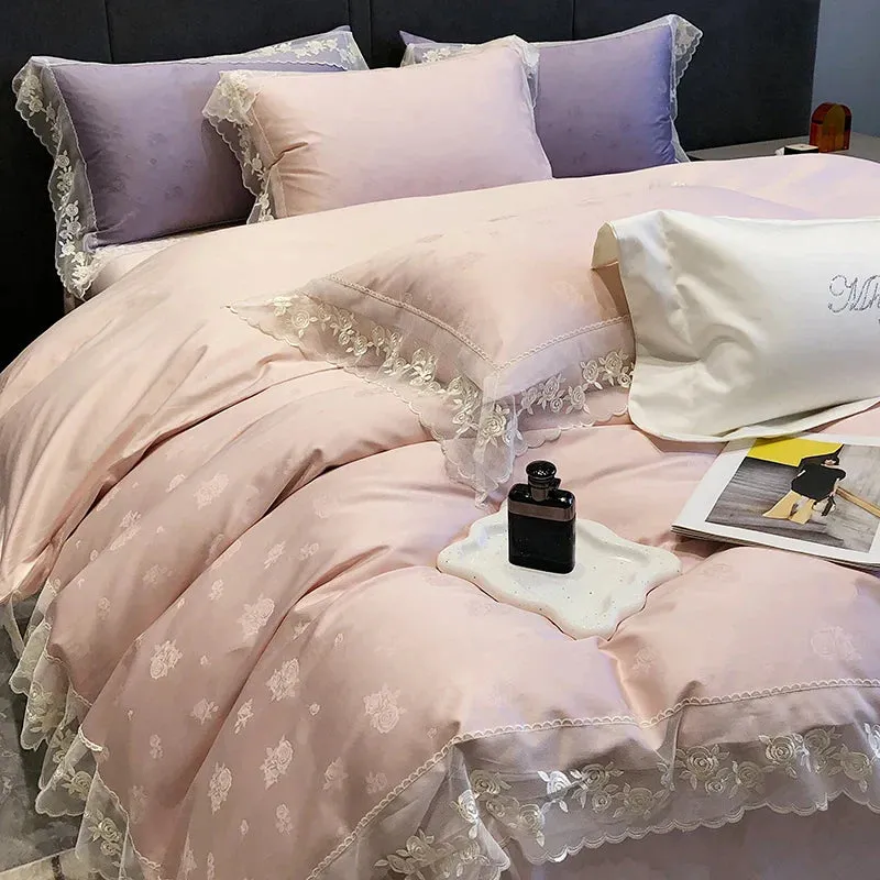 Flytonn-Pink Purple Luxury Embroidery Bedding Set 1000TC Egyptian Cotton Rose Jacquard Lace Edge Duvet Cover Set Bed Sheet Pillowcases