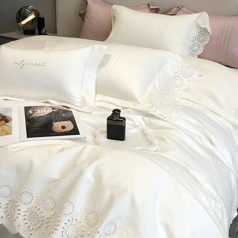 Flytonn-White Luxury Bedding Set Autumn Winter 1000TC Egyptian Cotton Satin Jacquard Punched Lace Duvet Cover Set Bed Sheet Pillowcases