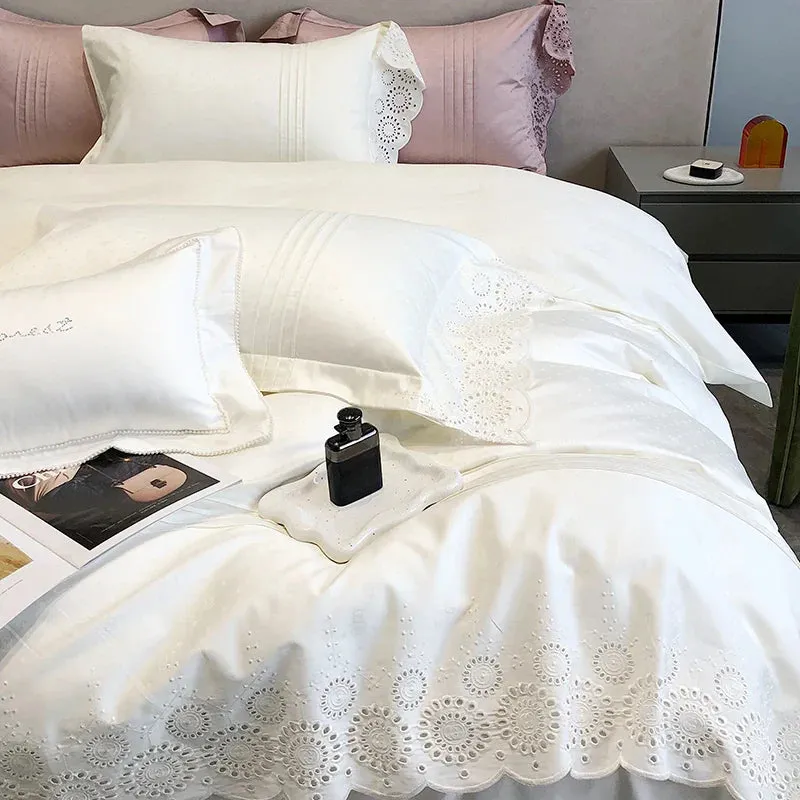 Flytonn-White Luxury Bedding Set Autumn Winter 1000TC Egyptian Cotton Satin Jacquard Punched Lace Duvet Cover Set Bed Sheet Pillowcases