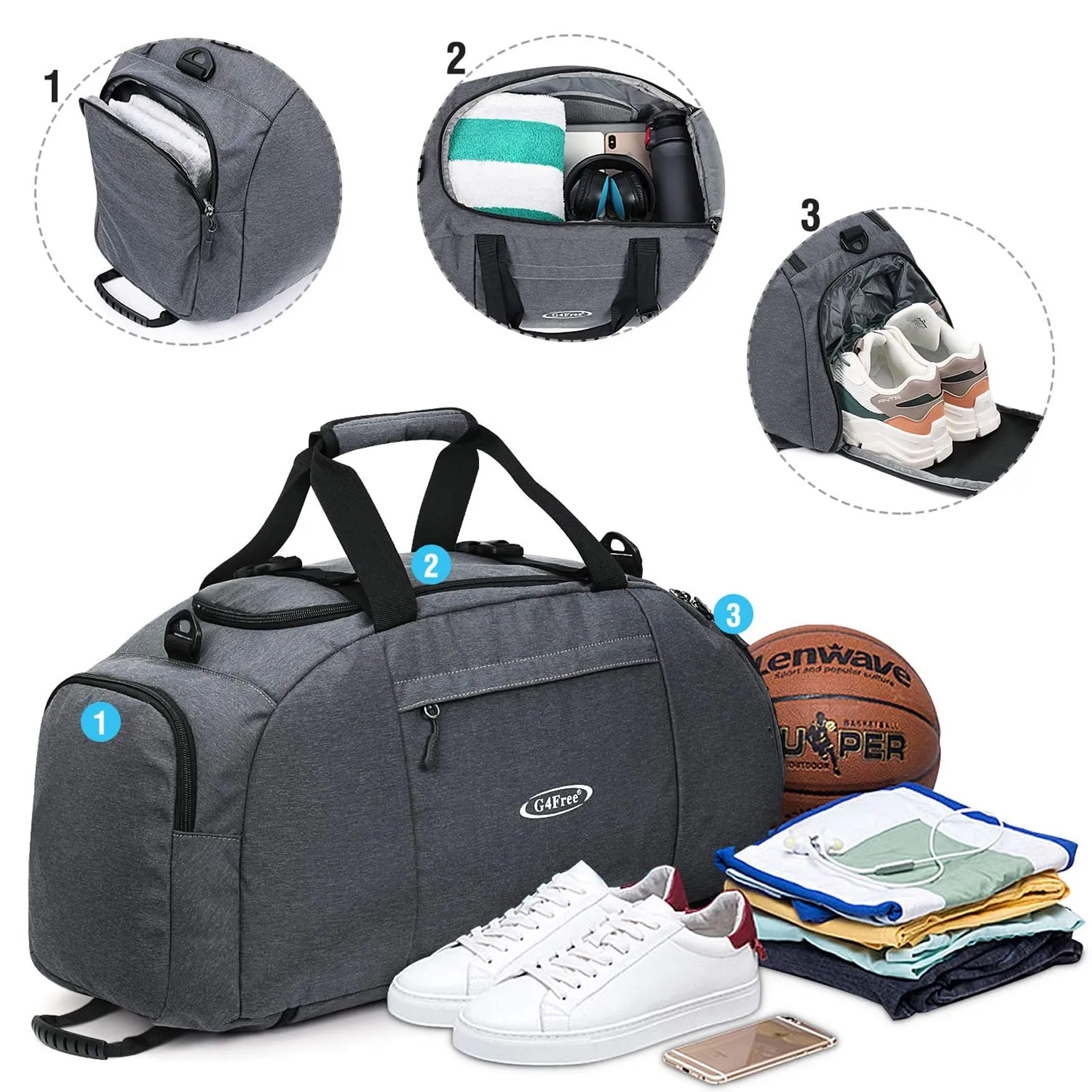 G4Free 40L 3-Way Duffle Bag Backpack Gym Bag