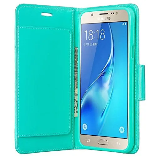 Galaxy J7 Case, Magnetic Flip Folio [Kickstand Feature] Pu Leather Wrist Strap Wallet Case with ID & Card Slots for Samsung Galaxy J7 - Teal