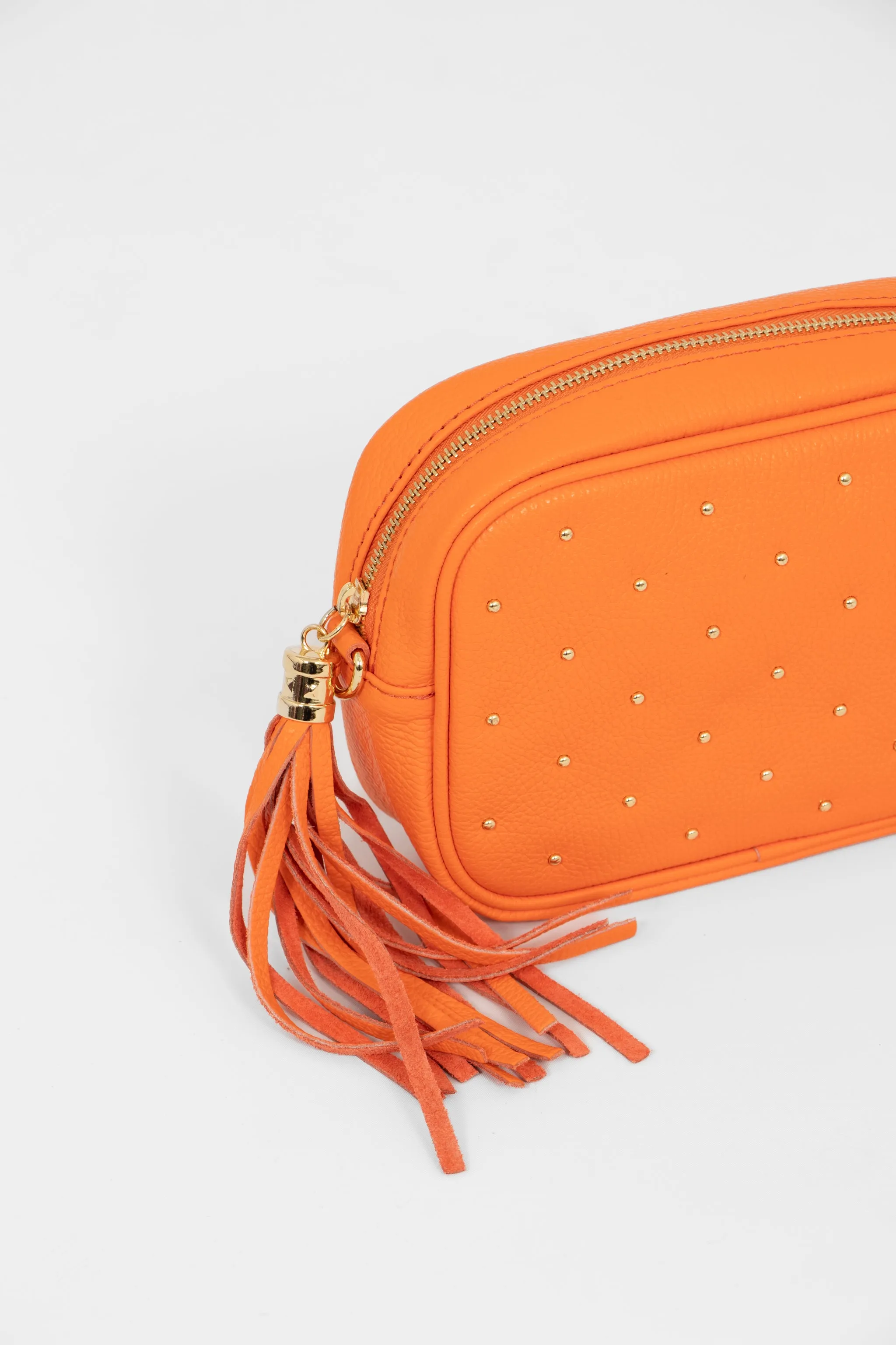 Giulia - Italian Leather Studded Camera Bag - Orange, Pebbled